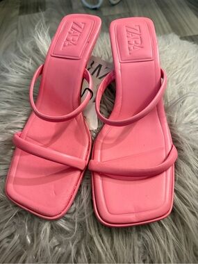 ZARA Bubblegum Pink Double-Strap Square-Toe Heels
